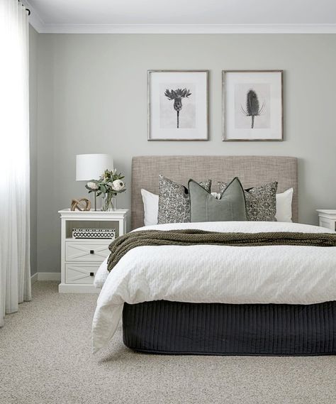 sage green bedroom with two artworks above bed and white hamptons bedside table Wall Decor For Neutral Bedroom, Frames Above Bed, Aesthetic Home Interior, Bedroom Art Above Bed, Gold Bedroom Decor, Interior Decorating Ideas, White Bed Frame, Sage Green Bedroom, Above Bed Decor