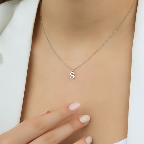 14K Solid White Gold Letter Necklace, Minimalist Gold Initial Necklace, Letter S Necklace S Necklace Letter, S Initial Jewelry, S Initial Necklace Silver, Z Necklace Letter, S Letter Necklace, Necklace Letter Initials, Couple Necklaces Initials, S Necklace Initial, Letter S Necklace