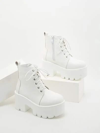 WishList | SHEIN Platform Chunky Boots, White Platform Boots, White Platforms, White Platform Shoes, Festival Shoes, Platform Boots Chunky, Nike Tennis, White Shoes Women, Aesthetic Shoes