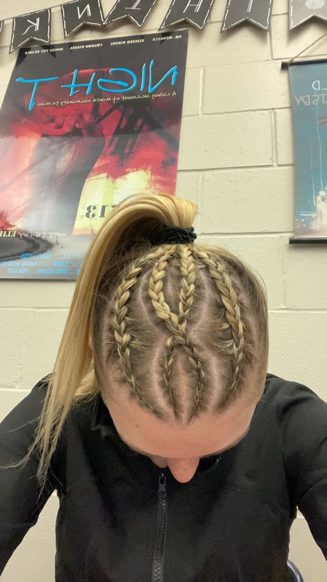 Sport Braid Hairstyles, Crazy Sports Hairstyles, Softball Cornrows, Fun Game Day Hairstyles, Cool Volleyball Hairstyles, Sports Ponytail Hairstyles, Senior Night Hairstyles, Cool Sports Hairstyles, Fun Sports Hairstyles