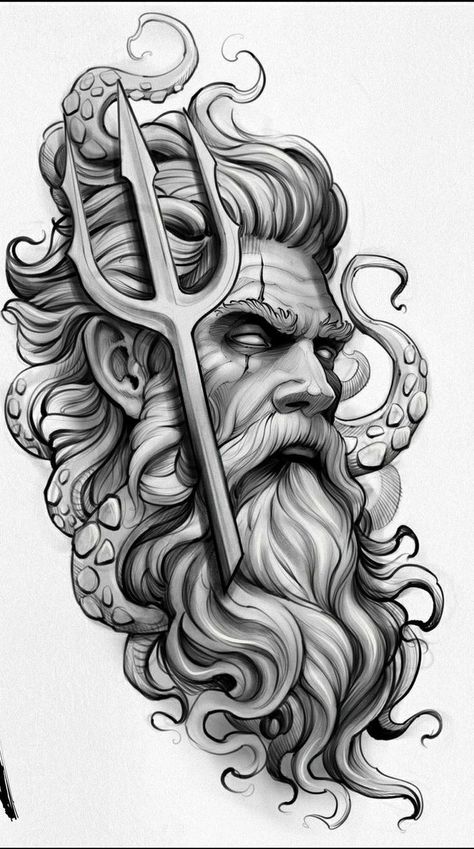 Poseidon Tattoo Stencil, Greek God Sketch, Odysseus Tattoo, Poseidon Drawing, Bio Organic Tattoo, Poseidon Tattoo, Zeus Tattoo, Organic Tattoo, Lion Head Tattoos