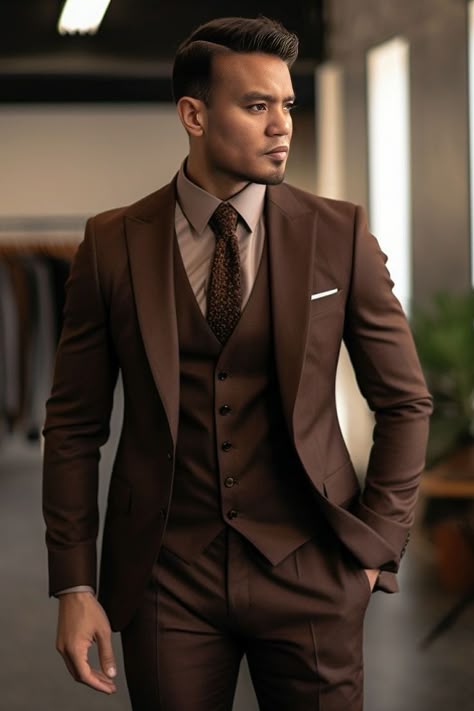 Brown 3 Piece Suit Men, Formal Brown Blazer For Wedding, Brown Three-piece Suit For Wedding, Brown Three-piece Suit With Notch Lapel For Wedding, Brown Notch Lapel Three-piece Suit For Wedding, Brown Three-piece Wedding Suit, Brown Three-piece Suit For Groom, Brown Three-piece Suit For Groom With Suit Collar, Brown Three-piece Suit With Suit Collar For Groom