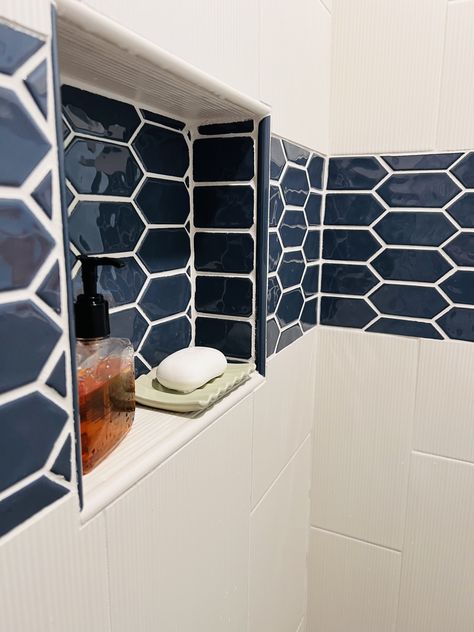 Blue Picket Tile, Small Bathroom Redo, Master Shower Tile, Picket Tile, Shower Accent Tile, Blue Shower Tile, Small Bathroom Inspiration, Cottage Bathroom Ideas, Small Bathroom Layout