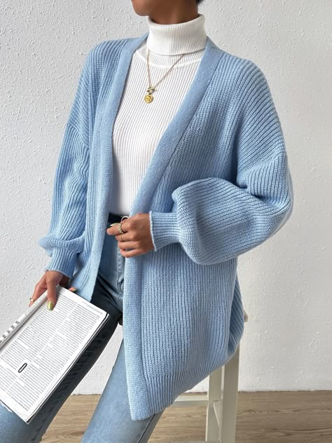 SHEIN EZwear Drop Shoulder Ribbed Knit Duster Cardigan Light Blue Cardigan Outfit Winter, Shein Jumpers, Light Blue Casual Outfits, Blue Knit Cardigan Outfit, Baby Blue Winter Outfit, Light Blue Outfit Casual, Light Blue Winter Outfit, Light Blue Outfits For Women, Baby Blue Cardigan Outfit