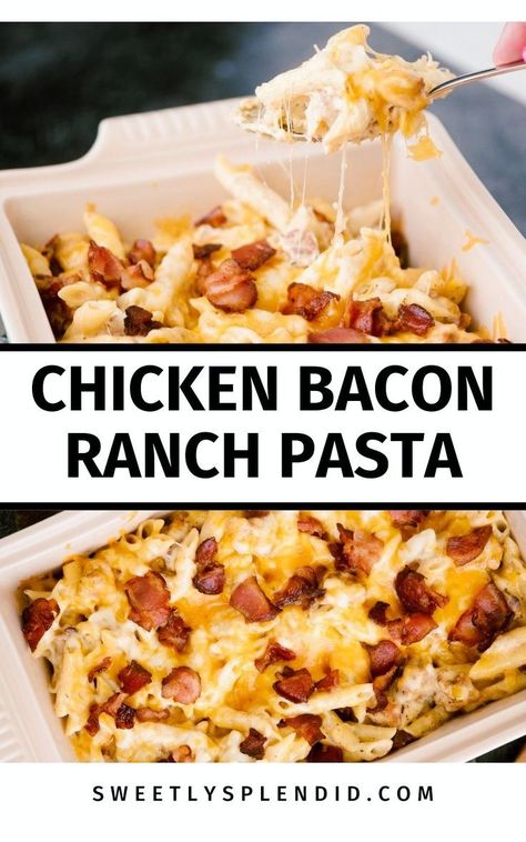 Discover the ultimate Chicken Bacon Ranch Pasta Casserole with our homemade recipe! Made from scratch with no cream cheese or alfredo, this easy and creamy dish is the best for dinner or as a freezer meal. Chicken Bacon Ranch Pasta Bake, Chicken Bacon Spinach Pasta, Recipes Using Pasta, Chicken Bacon Ranch Bake, Bacon Alfredo, Bacon Ranch Pasta, Ms Recipes, Chicken Bacon Pasta, Chicken Ranch Pasta