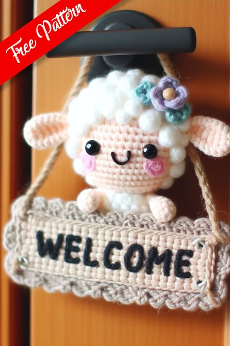 Crocheted Lamb Welcome Sign Crochet Door Decoration Free Pattern, Crochet Welcome Sign, Crochet Decorations Home, Crocheted Lamb, Bunny Door Decoration, Crochet Keyring Free Pattern, Mario Crochet, Crochet Unicorn Pattern, Cute Lamb