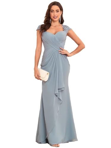 Mermaid Mother of The Bride Dresses for Wedding Cap Sleeves Chiffon Ruffle Long Formal Evening Gowns Guest Gown For Wedding, Formal Dress For Large Stomach, Best Bridesmaid Dresses For Plus Size, Sister Of Bride Dress, Mom Dress For Wedding Mothers Gowns, Mother Of The Groom Dresses Summer, Silver Formal Dress, Wedding Cap, Debutante Ball