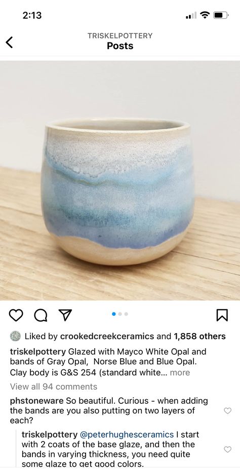 Grey Opal Mayco Glaze, Blue Glaze Combos, Mayco White Opal, Mayco Norse Blue Combinations, Blue And White Pottery Painting, Norse Blue Glaze Combinations, Botz Glaze Combinations, Blue Glaze Combinations, White Glaze Recipe