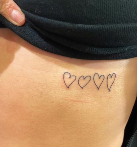 Family Hearts Tattoo On Ribs, Hearts From Family Tattoo, Hearts On Ribs Tattoo, Handwriting Heart Tattoo, Hand Drawn Heart Tattoo Placement, Heart Tattoo Ribcage, Family Hearts Tattoo, Small Family Tattoos For Women, Small Tattoos Ribcage