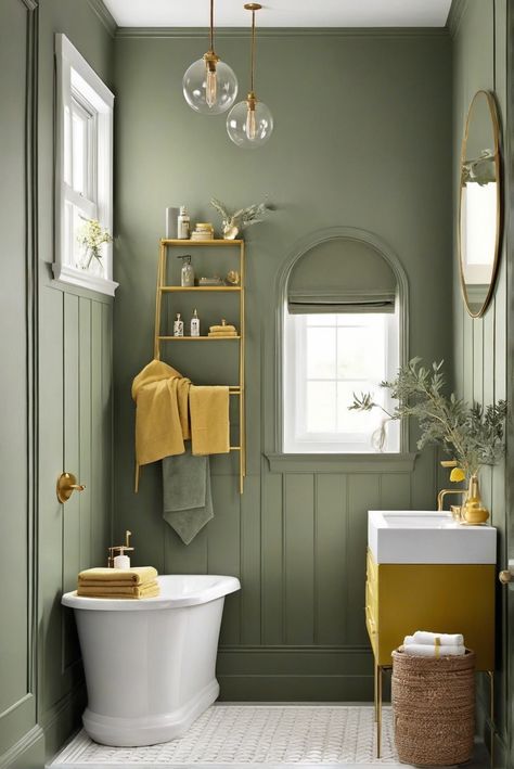 Are Sage Green and Mustard Yellow the Hot Trends? Dive into the Bathroom Escapade [2024] #Ad #homedecor #homedesign #fixhome #Painthome #interiorarchitecture Cloakroom Colour Ideas, Green And Yellow Bathroom Ideas, Mustard And Green Bathroom, Green And Yellow Bathroom Decor, Sage Green And Yellow Bathroom, Olive And Gold Bathroom, Green And Yellow Interior Design, Green Paint In Bathroom, Mustard Bathroom Ideas