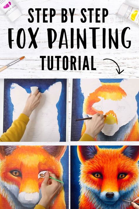 Learn how to paint this colorful fox painting with acrylic paints in this easy to follow painting tutorial by Rachel Froud Art. Fun art tutorials showing you how to paint colorful animals! Paintings Of Foxes Acrylic, Fox Painting Tutorial, Painting Fox Acrylic, Fox Acrylic Painting Tutorial, How To Paint A Fox Step By Step, How To Paint A Fox Acrylic, Acrylic Fox Painting Easy, Acrylic Fox Painting, Animal Painting Tutorial