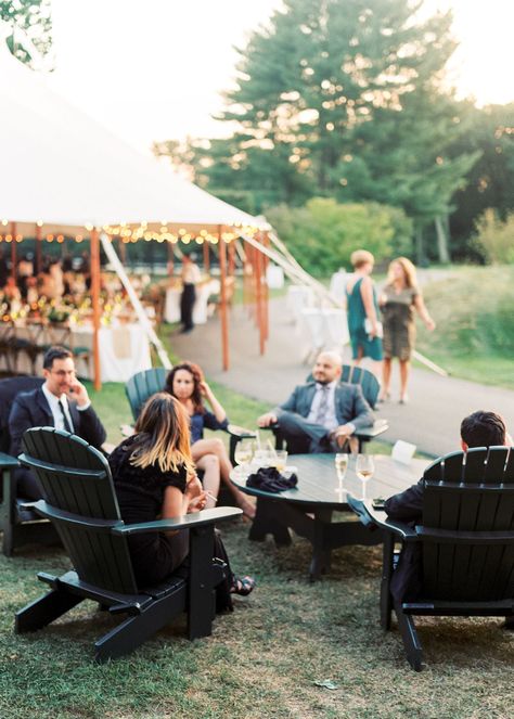 Cocktail Hour Seating, Fall Wedding Cocktails, Wedding Lounge Seating, Wedding Lounge Area, Seating Wedding, Cocktail Hour Decor, Campground Wedding, Adirondacks Wedding, Backyard Wedding Ceremony