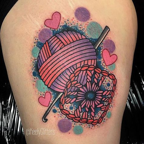 Crochet Tattoo Ideas, Memorial Tattoo Sleeves, Crochet Tattoos, Cosmic Tattoos, Craft Tattoo, Sarah Tattoo, Yarn Tattoo, Crochet A Heart, Knitting Tattoo