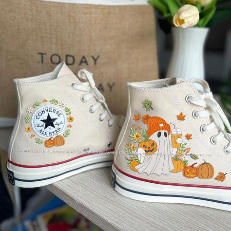 🌿 Love Embroidered Converse 🌿 ❤️ About Our Products: Each pair of shoes from our store is brand new and hand-embroidered to order. Please ensure you select the correct shoe size before checkout. The embroidery is durable and won't fade over time. ✨ Personal Expression: Showcase your unique style with custom embroidery! Contact me to create your own embroidered shoes with a private listing. I'll send you the design for approval before embroidering the shoes. Alternatively, you can design your p Cool Shoes Aesthetic, Halloween Converse, Trendy Converse, Disney Converse, Cool Converse, Cute Converse Shoes, Converse Design, Embroidered Halloween, Embroidery Cute