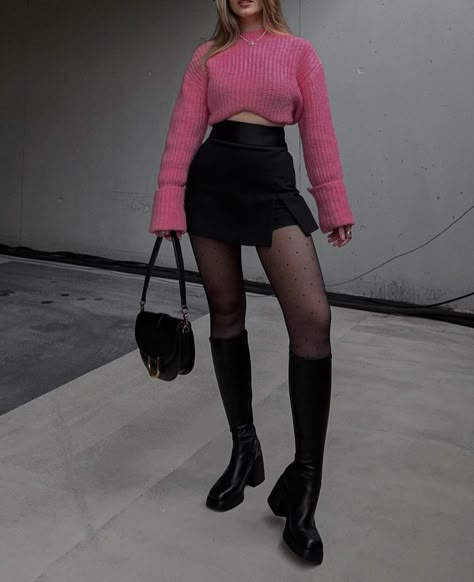 Black And Pink Barbie Outfit, Simple Valentines Outfits, Valentines Skirt Outfit, Outfit With Tights, Pink Top Outfit, Pink Sweater Outfit, Pink Skirt Outfits, Sweater Skirt Outfit, December Outfits