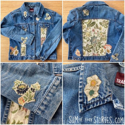 Denim Jacket refashion with brocade fabric — Sum of their Stories Craft Blog Diy Jacket Refashion, Refashion Clothes Upcycling, Upcycle Jean Jacket, Denim Upcycle, Denim Refashion, Upcycled Jackets, Upcycled Denim Jacket, Diy Denim Jacket, Custom Denim Jacket