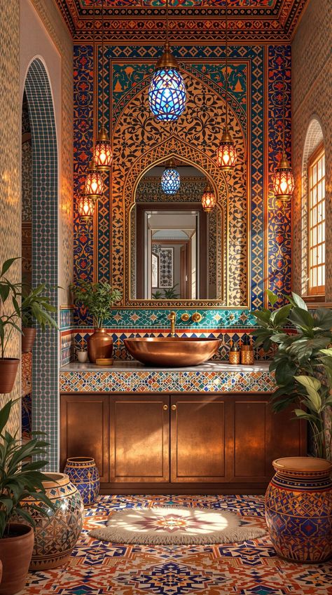 Boho Bathroom Ideas Home Decor Moroccan Style, Morocco Tiles Bathroom, Maroko Style Interiors, Turkish Bathroom Ideas, Ottoman Bathroom, Moroccan Toilet, Bathroom Moroccan Style, Arabic Bathroom, Modern Moroccan Bathroom