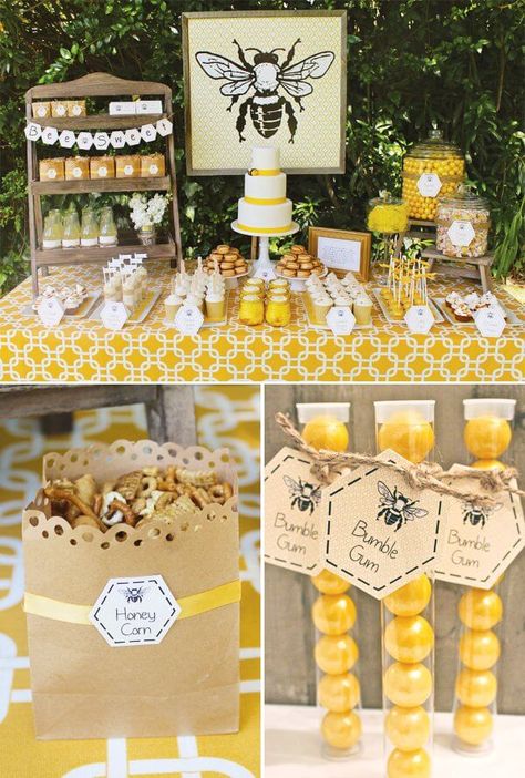 Bumble Bee Party, Baby Bumble Bee, Bumble Bee Birthday, Bee Theme Party, Rain Barrels, Chicken Tractors, Bee Birthday Party, Bee Baby Shower Theme, Party Dessert Table