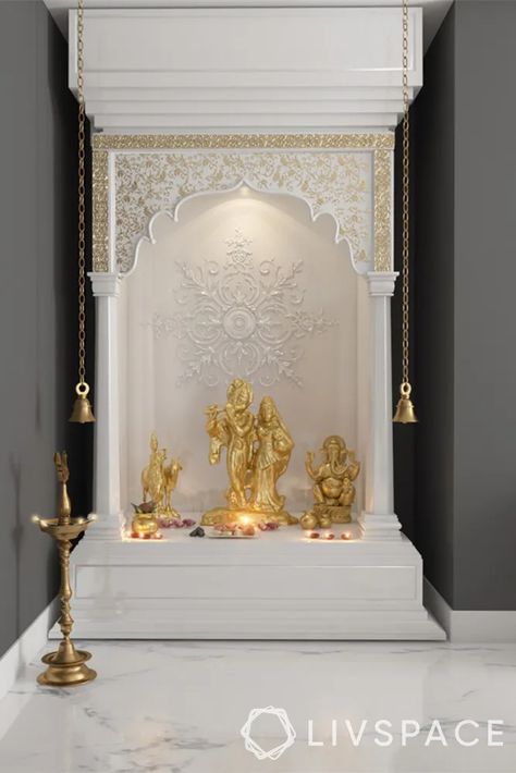 35+ Serene Pooja Room Designs for Peace and Tranquility Mini Temple, Pooja Unit, Temple Room, Ganesh Lord, Mandir Design, Temple Design For Home, Living Room Decor Rustic, Pooja Mandir, Farmhouse Interior Design