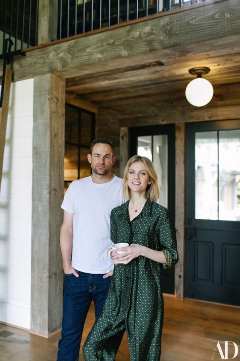 Roddick and Decker in the entryway of their North Carolina mountain getaway. Antique High Chairs, Hermes Blanket, Andy Roddick, Refined Rustic, Brooklyn Decker, Fabric Bed Frame, Tennis Champion, Old Apartments, Mountain Getaway