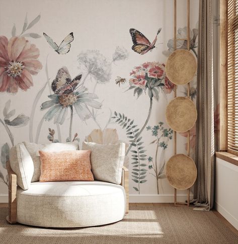 Butterfly Watercolor, Peel and Stick Floral Wallpaper, Removable Wallpaper, Self Adhesive, Flower Wallpaper, Self Adhesive, Art Deco Mural - Etsy Canada Art Deco Mural, Wallpaper Roller, Custom Wall Murals, Botanical Wallpaper, Mural Floral, Beautiful Wallpaper, Butterfly Watercolor, Small Wall, Old Wallpaper