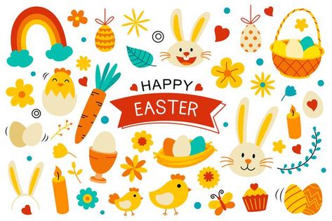 Happy easter elements flat design. easte... | Premium Vector #Freepik #vector #background #flower #ribbon #vintage Easter Elements, Easter Vector, Happy Easter Banner, Easter Cartoons, Holiday Symbols, Rabbit Colors, Cute Ducklings, Spring Animals, Holiday Puzzle