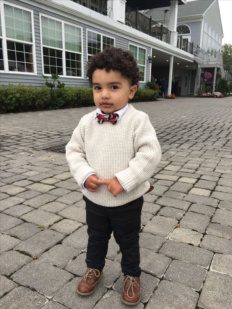 Fall wedding outfit for my handsome baby boy. H&M pants, white shirt. Carter's sweater, shoes. Children Place bow tie. Macy's brown belt. Toddler Boy Wedding Outfit Fall, Boys Church Outfit Kids, Little Boy Wedding Guest Outfit, Toddler Boy Holiday Photo Outfit, Baby Boy Wedding Guest Outfit, Toddler Formal Outfit Boys, Kids Holiday Outfits Boys, Toddler Boy Wedding Guest Outfit, Toddler Boy Church Outfit