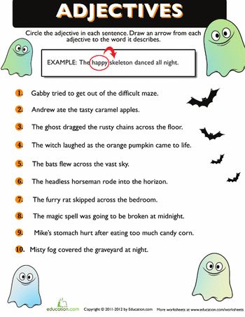 Worksheets: Find the Halloween Adjective Halloween Adjective Activities, Find The Adjectives Worksheets, Halloween Adjectives, Third Grade Halloween, Third Grade Grammar, Third Grade Reading Comprehension, Halloween Worksheet, Halloween Teaching, Adjectives Activities