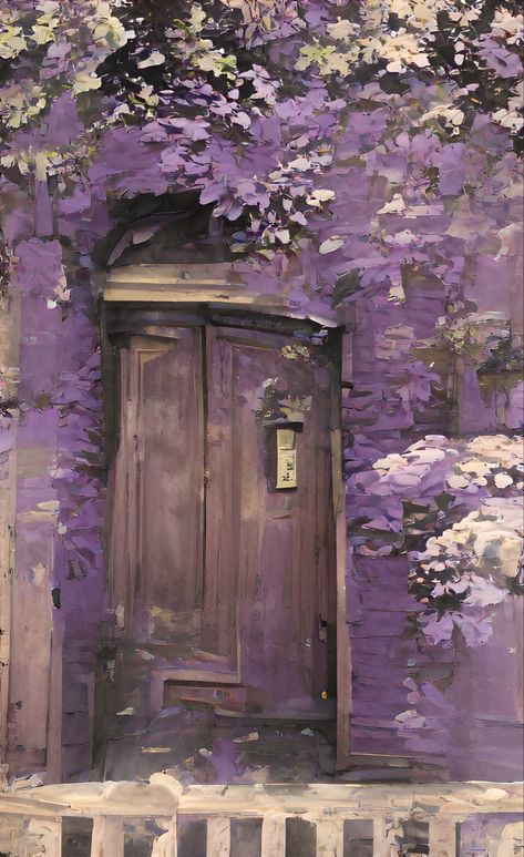 Lilac Flower Wallpaper, Lilac Flowers Wallpaper, Door With Flowers, Wallpaper Window, Lilac Cottage, Colour Wallpaper, Wallpaper Painting, Lilac Colour, Purple Door