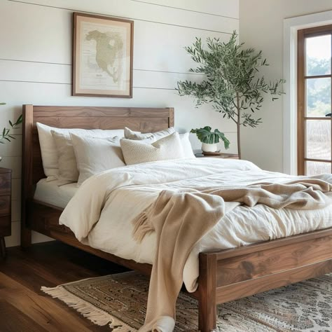 Our beautiful bed frames and headboards offer the perfect modern touch to your bedroom. Each bed is meticulously handcrafted using beautiful hardwood, which looks perfect in modern, contemporary, rustic, or farmhouse décor. It's an heirloom piece that you'll have in your home for years to come. We handcraft everything from scratch, in some cases drying the wood ourselves to be sure of its quality before it makes it into your home. We're a team of woodworkers that are passionate about creating be Natural Wood Bed Frame Bohemian, King Bed Frame No Headboard, Wood Bed Styling, Bedroom With Wood Headboard, Bedroom Wooden Bed Frame, Barnwood Bed Frame, King Size Bed Frame Wood, Wood King Beds, Modern Rustic Primary Bedroom