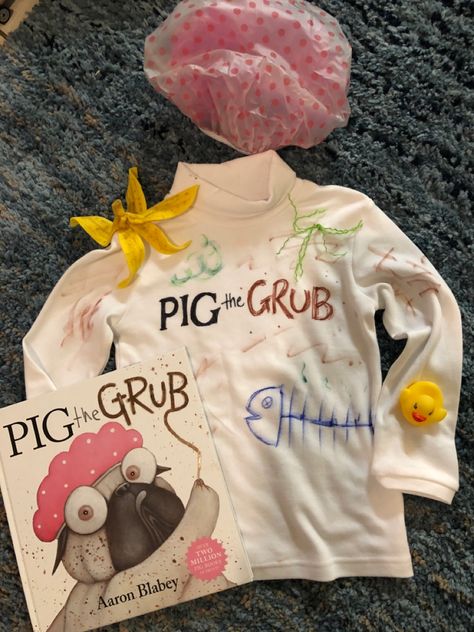 Created this for my 4 year old son for book week 2020 👍🏼easy to wear and even get it more grubby haha just a cheap skivvy a bunch of felt pens and some felt for a banana 😃 grab a cheap shower cap and bath toy voila! Pig The Pug Costume, Pig The Pug Costume Book Week, Pig The Pug, Pug Costume, Pugs In Costume, Cheap Shower, School Costume, Book Character Costumes, Book Week Costume