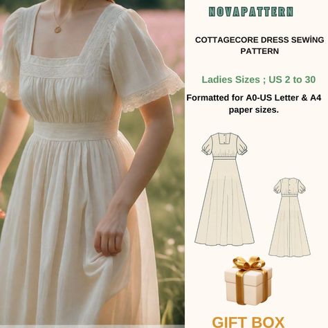 Fairy Cottagecore Dress Pattern,Renaissance,Regency,Maxi Dress, A0-A4-Letter Sizes; US 2 to 30 (O... Bridgerton Dress Sewing Pattern, White Blouse Under Dress, Prairie Dress Sewing Pattern, Pride And Prejudice Dress Pattern, Vintage Dress Sewing Pattern, Cottagecore Dress Sewing Pattern, Cottage Dress Pattern, Fantasy Sewing Patterns, Fairy Dress Pattern