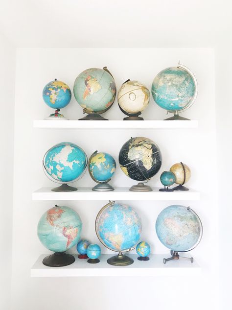 Decorating With Globes, Globe Decor Living Room, Globe Collection Display, Globe Decor Ideas, Vintage Globe Decor, Globes Decor, Worldly Decor, Globe Display, Globe Decoration