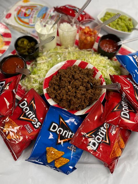 Patriotic Doritos tacos salad Doritos Tacos, Semi Homemade Recipes, Taco Salad Bar, Doritos Locos Tacos, Tacos Salad, Doritos Taco Salad, Dorito Taco Salad, Taco Salad Doritos, Nacho Bar