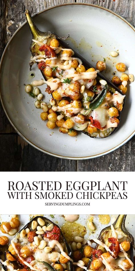 Roasted Eggplant with Smokey Chickpeas and Parmesan - Serving Dumplings Stuffed Eggplant Recipes, Serving Dumplings, Bolognese Pasta Bake, Stuffed Veggies, Vegetarian Roast, Aubergine Recipe, Breakfast Soup, Roasted Eggplant, Roast Eggplant