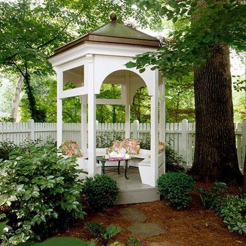 Small-Space Gazebo:  Even the smallest yards can incorporate a gazebo for outdoor dining or as a yard focal point. The small footprint of this copper-roofed structure means it can fit just about anywhere. Built-in bench seating provides plenty of places to sit. Open Gazebo, Small Gazebo, Gazebo Design, Garden Bench Seating, Large Gazebo, Hot Tub Gazebo, Backyard Ideas For Small Yards, Gazebo Ideas, Backyard Gazebo