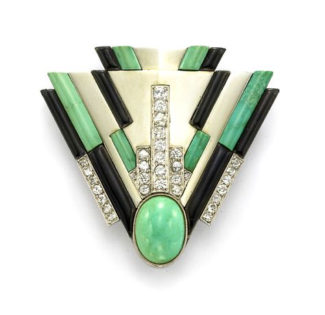 Rare and spectacular Art Deco brooch by Raymond Templier in 18k gold, diamonds, turquoise and onyx. Has been in an important museum exhibition in Paris at the musee des Arts Decoratifs. Arte Art Deco, Bijoux Art Deco, Bijoux Art Nouveau, Art Deco Brooch, Motifs Perler, 1920s Art Deco, Estilo Art Deco, Celtic Jewelry, Deco Jewelry