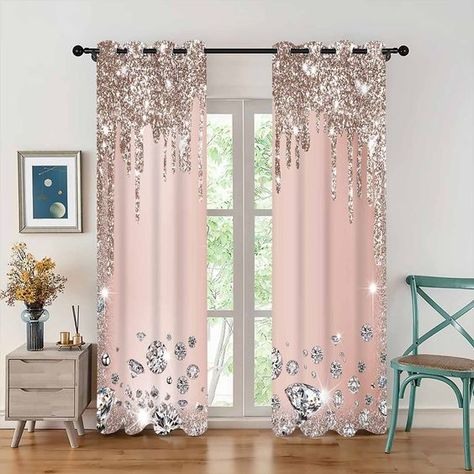 PRICES MAY VARY. High-quality Material: Our window curtains are made of 100% polyester, the package includes 2 single-sided printed blackout curtains, the size of each curtain is 52" wide x 63" length. The cortinas fabric is environmentally friendly, breathable, durable, anti-wrinkle, soft to the touch, full of drape, and does not contain chemical coatings, curtains are healthier and safer to use. Grommet Design: There are multiple silver grommets on the top of each cortinas panel. The inner dia Tropical Curtains, Curtain Room, Pink Curtains, Drape Panel, Inspire Me Home Decor, Printed Curtains, Sparkling Diamond, Decoration Inspiration, Rose Lights