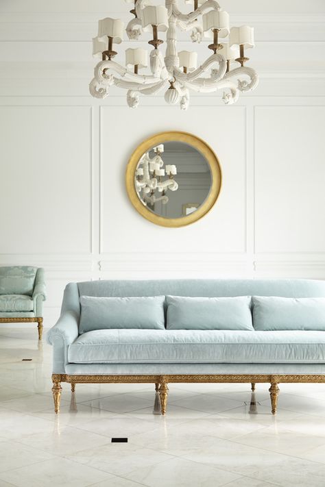 Haven Custom Furnishings Duck Egg Blue Sofa, Theodore Alexander Furniture, French Country Living Room, Living Room Sofa Design, Theodore Alexander, Beautiful Sofas, Blue Sofa, Duck Egg Blue, Duck Egg