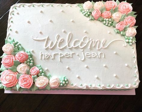 Welcome Harper Jean! #sharonhutkocakes #cakesofinstagram #buttercream #babyshowercake #buttercreamroses #augustagacakes #nottooprettytoeat Costco Sheet Cake, Marriage Cake, Sheet Cakes Decorated, Baby Shower Sheet Cakes, Wedding Sheet Cakes, Pastel Rectangular, Cake Roses, Sheet Cake Designs, Rectangle Cake