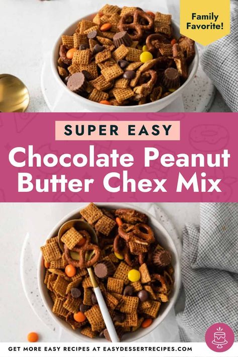 This Chocolate Peanut Butter Chex Mix is full of decadent chocolate and peanut butter flavors paired with a satisfying crunch! Peanut Butter Chex Cereal Recipes, Peanut Butter Chex Recipes, Chocolate Peanut Butter Chex Mix Recipes, Peanut Butter Chex Mix Recipes, Peanut Butter Chex Mix, Chocolate Chex Mix Recipes, Peanut Butter Chex, Salty Chex Mix, Chocolate Chex Mix