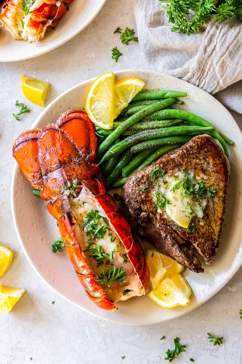 Surf and Turf (Steak and Lobster) - The Cookie Rookie® Gourmet Recipes Fancy Steak, Steak And Lobster Recipes, Christmas Dinner Steak, Wedding Steak, Lobster Meal, Surf And Turf Dinner, Steak And Lobster Dinner, Lobster Recipe, Fancy Foods