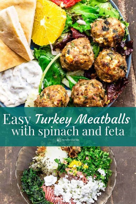 Meatball Mediterranean, Turkey Meatballs With Spinach, Meatballs With Spinach, Baked Turkey Meatballs, Easy Turkey Meatballs, Greek Turkey Meatballs, Turkey Meatballs Healthy, Ground Turkey Meatballs, Healthy Meatballs