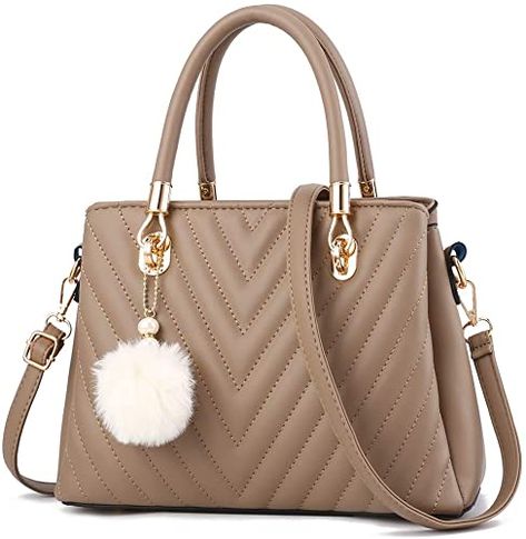 Amazon.com: Womens Fashion Leather Handbags Quilted Purses Top-handle Totes Satchel Bag for Ladies Shoulder Bag for Girls with Pompom Khaki : Clothing, Shoes & Jewelry Spring Purses, Elegante Y Chic, Purse Essentials, Stylish Purse, Quilted Purses, Cute Handbags, Quilted Totes, Satchel Bag, Womens Purses