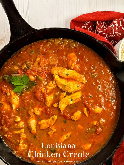 The personal recipe of a south Louisiana native, this chicken Creole features mesmerizing layered flavors and textures that literally flavor-pop on different areas of your tongue simultaneously. One of the easiest regional recipes to master, this dish is ready in just over one hour and does not require a roux, just browned veggies. #chickencreole #creolechicken #LouisianaCreolerecipes #Creolerecipes #Louisianarecipes #LouisianaCreole Chicken Creole Recipe, Chicken Creole, Louisiana Chicken, Roux Recipe, Creole Chicken, Louisiana Dishes, Regional Recipes, Creole Sauce, Cajun Dishes