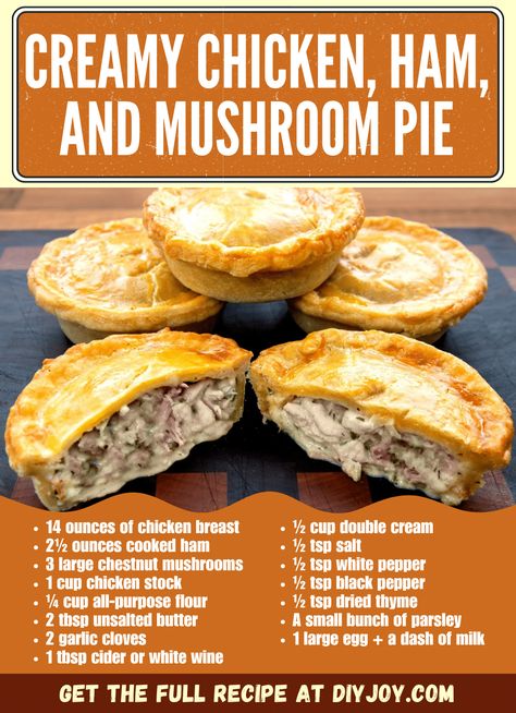 Easy Creamy Chicken, Ham, and Mushroom Pie Recipe via @diyjoycrafts Creamy Chicken Pie Recipe, Chicken And Ham Pie, Mushroom Pie Recipe, Creamy Chicken Pie, Hot Water Crust Pastry, Easy Creamy Chicken, Chicken And Mushroom Pie, Chicken Pie Recipe, British Cooking