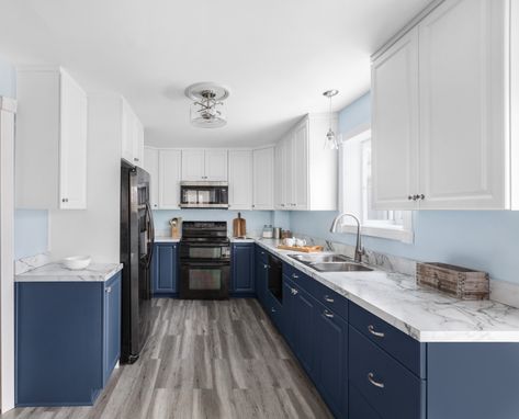 Blue Kitchen Cabinets Grey Floors, Two Tone Kitchen Cabinets 2023, White Upper Cabinets Blue Lower, Blue And White Kitchen Cabinets, Painting Laminate Kitchen Cabinets, Adu Kitchen, How To Paint Laminate, Design For House, Laminate Kitchen Cabinets