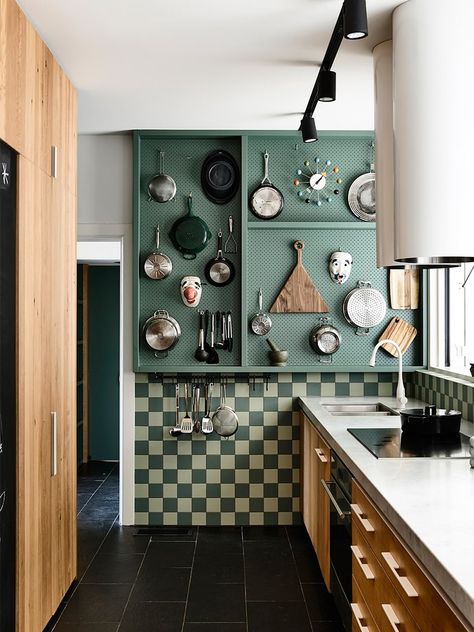 Julia Child’s Pegboard Is Back and Better Than Ever in This Green Kitchen Pegboard Kitchen, Bohemian Homes, Organiser Cucina, Pegboard Wall, Kitchen Dark, Budget Remodel, House Vibes, Storybook Cottage, Board Storage