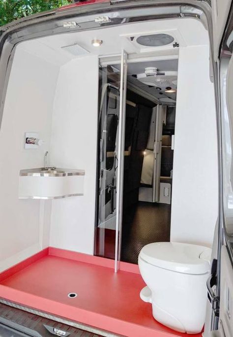 Bath area in the rear of van with shower and toilet. Van Life With Shower And Toilet, Van With Shower And Toilet, Motorhome Layout, Van With Bathroom, Tiny Campers, Skoolie Conversion, Traveling Style, Travel Vans, Converted Vans