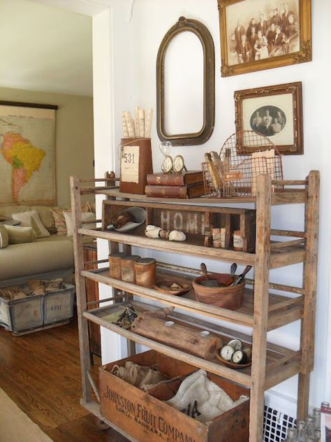 Must Love Junk Home Tour - filled with vintage goodness and tons of DIY decorating ideas! Rustic Shelving, Cabin Accessories, Baking Rack, Boot Rack, Rustic Shelf, Shoe Boot, Shoe Racks, Primitive Decorating Country, Shelf Unit